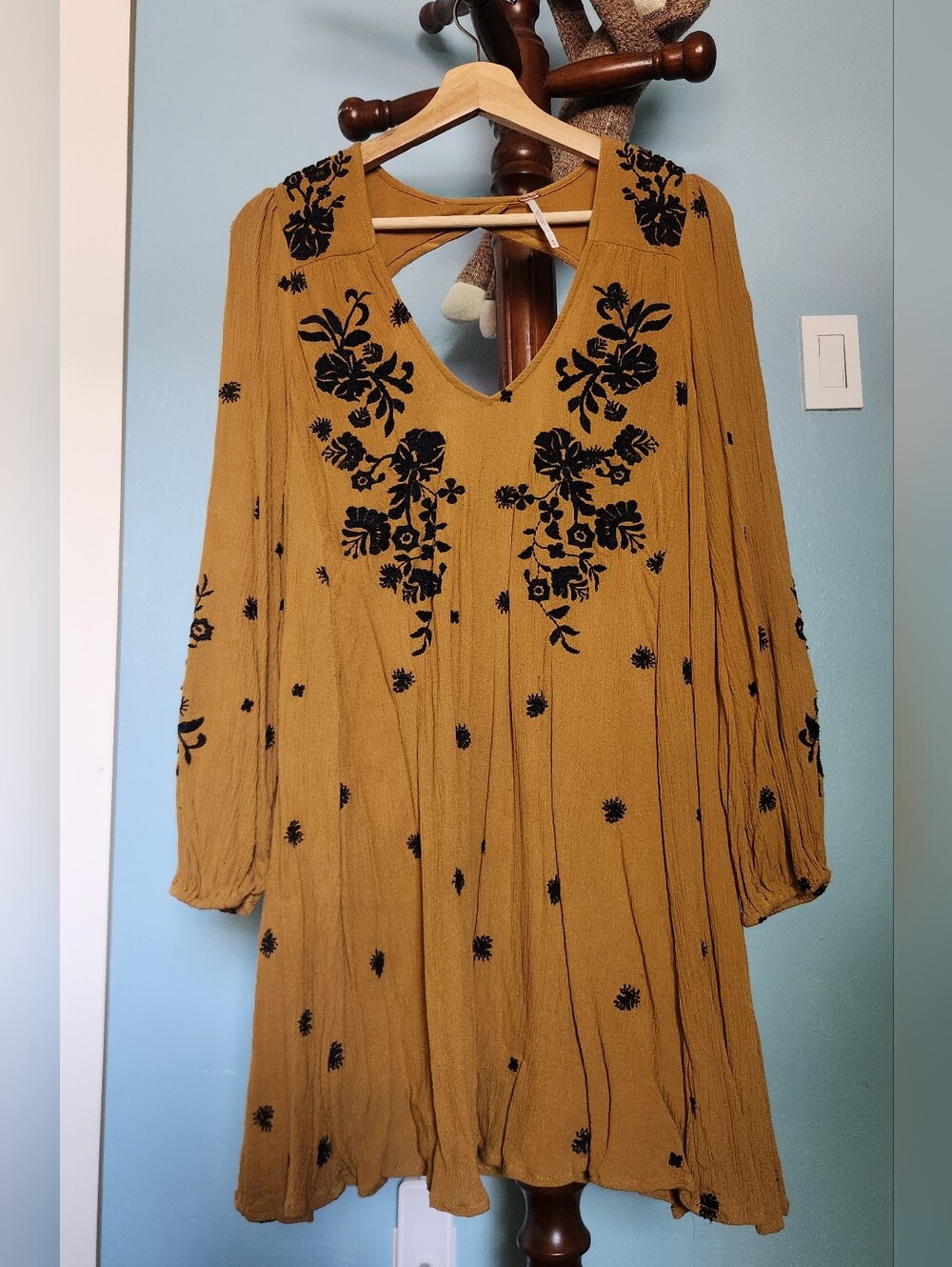Free People Mustard Dress with Black Floral Embroidery